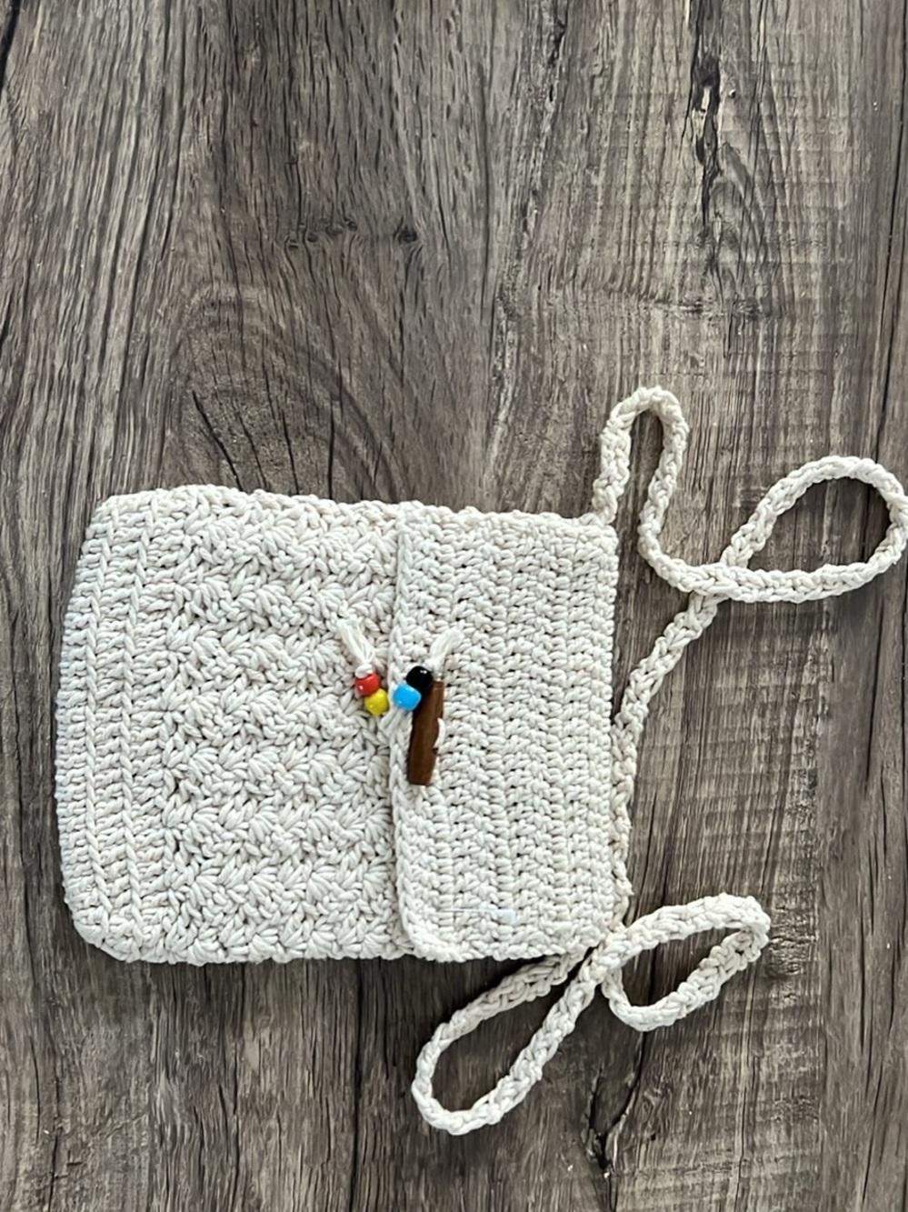 Cream Crochet Crossbody Bag with Colorful Bead Accent
